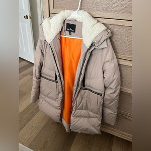 Sam Edelman Women's Beige Puffer Jacket with Vibrant Orange Lining